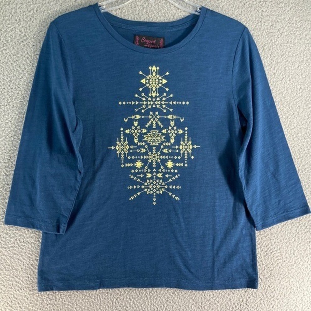 Cowgirl Legend Top Womens Small Blue 3/4 Sleeve Rhinestone Arrow Western Graphic